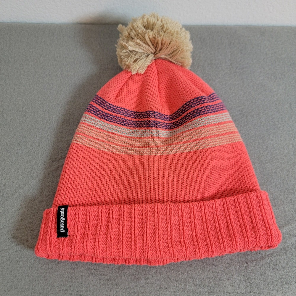 Patagonia Kids Powder Town Beanie Coral Pink Striped Pom Pom Hat 66061 FA22 Snow